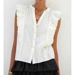 Anthropologie Pilcro Ivory Swiss Dot Ruffle Sleeveless Metallic Top Small NWT